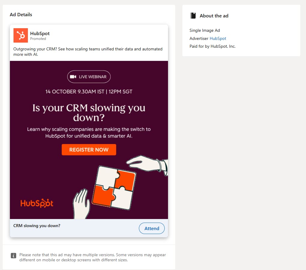LinkedIn Ad Library ad details for a HubSpot single image ad with format, advertiser and payer