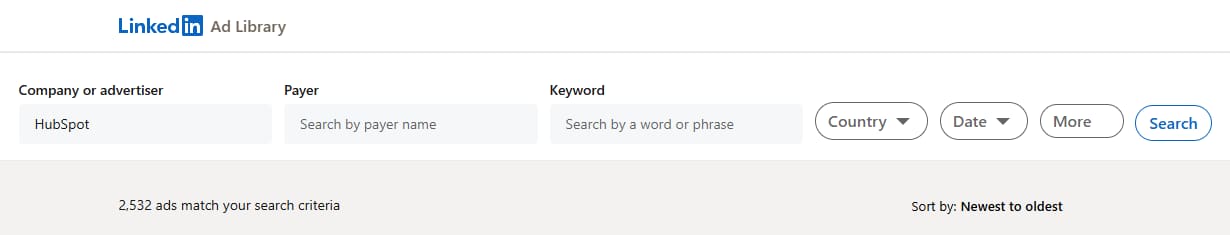 LinkedIn Ad Library results for HubSpot showing 2,532 ads