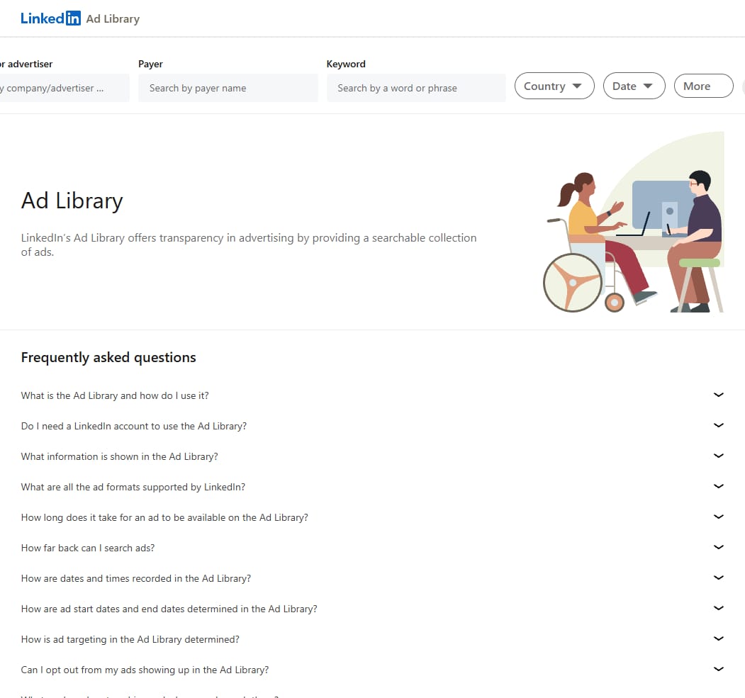 LinkedIn Ad Library search screen with Company or advertiser, Payer and Keyword fields